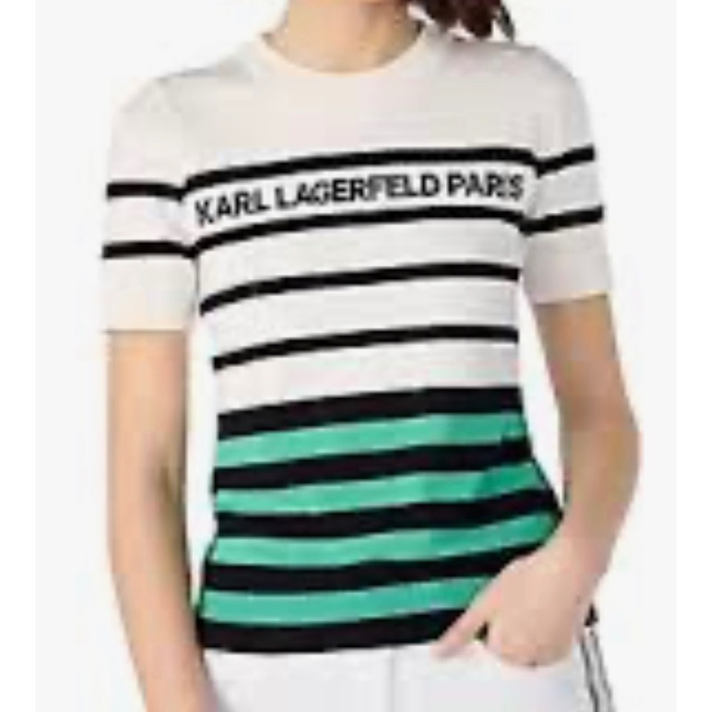 Karl Lagerfeld Paris Striped Short Sleeve Logo Sweater White Green- Large